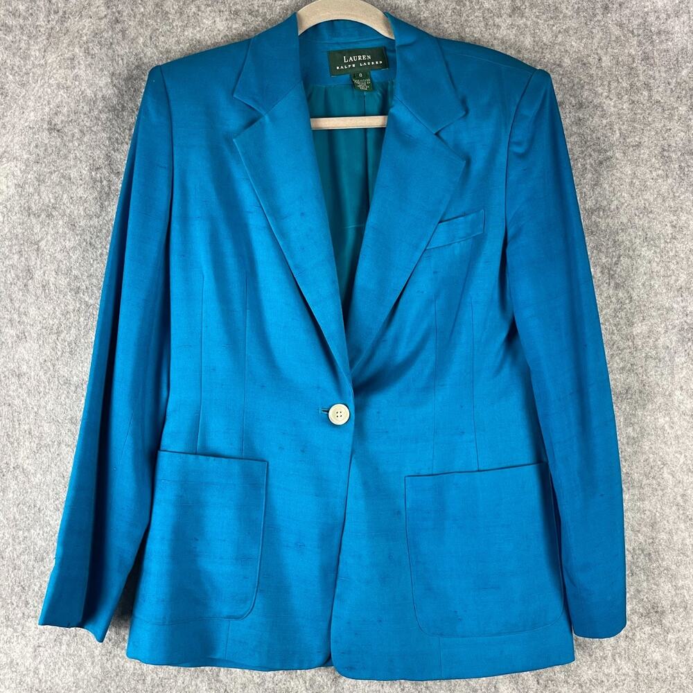 Vintage Lauren Ralph Lauren 100% Silk Blazer Womens 8 Blue Classic 90s FLAWS